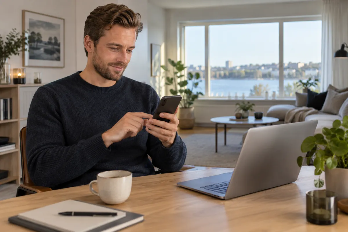 En man ansöker i mobilen vid skrivbordet hemma