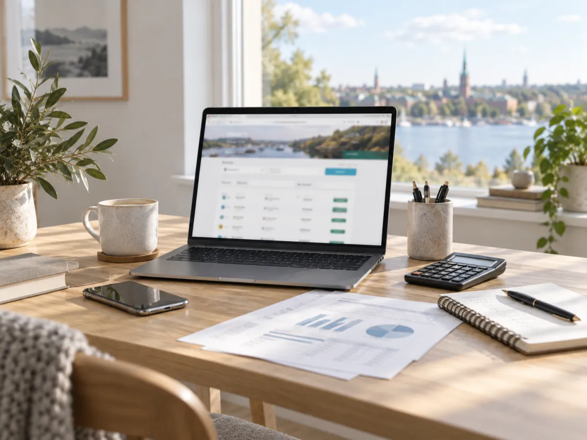 En dator som visar en jämförelse sida vid sida, med anteckningsblock och miniräknare på skrivbordet