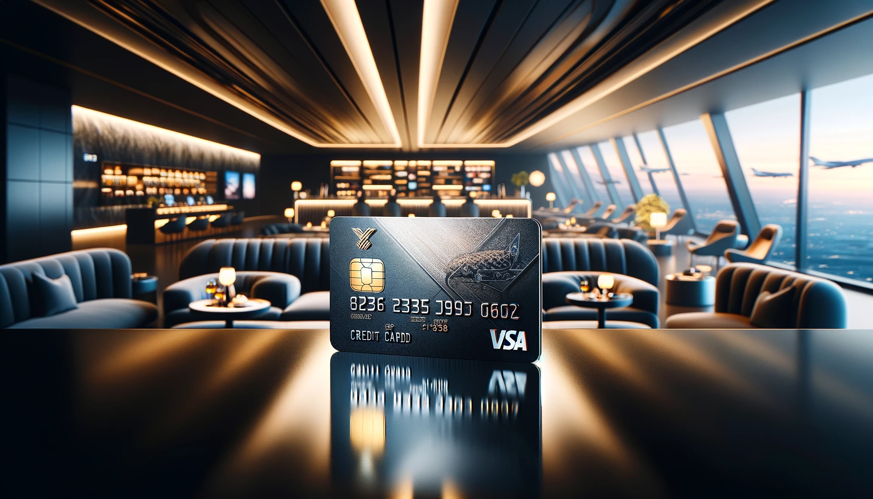Ett metalliskt kreditkort med exklusiv design vilar på ett blankt bord i en lyxig flygplatslounge.
